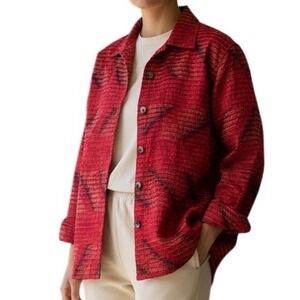 Chico's Design Womens Textured Blouse Size 0 Red Button Up Long Sleeve 100% Silk